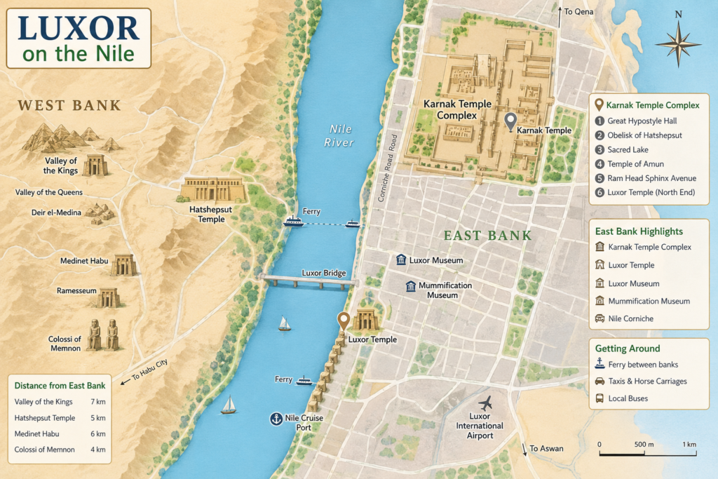 Map view of Luxor on the Nile with Karnak landmarks