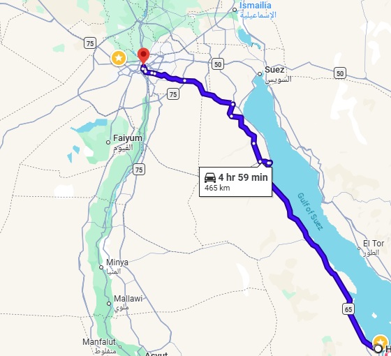 Map view of the route from Hurghada across the Red Sea desert to Cairo