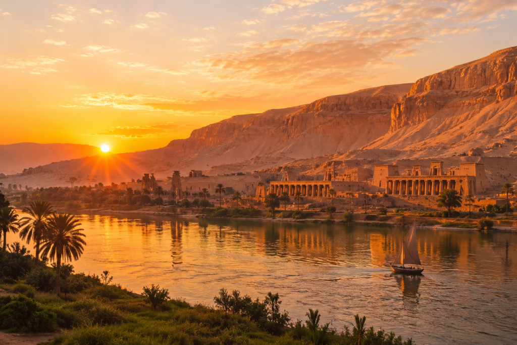 Sunrise over the Nile and Luxor's West Bank temples