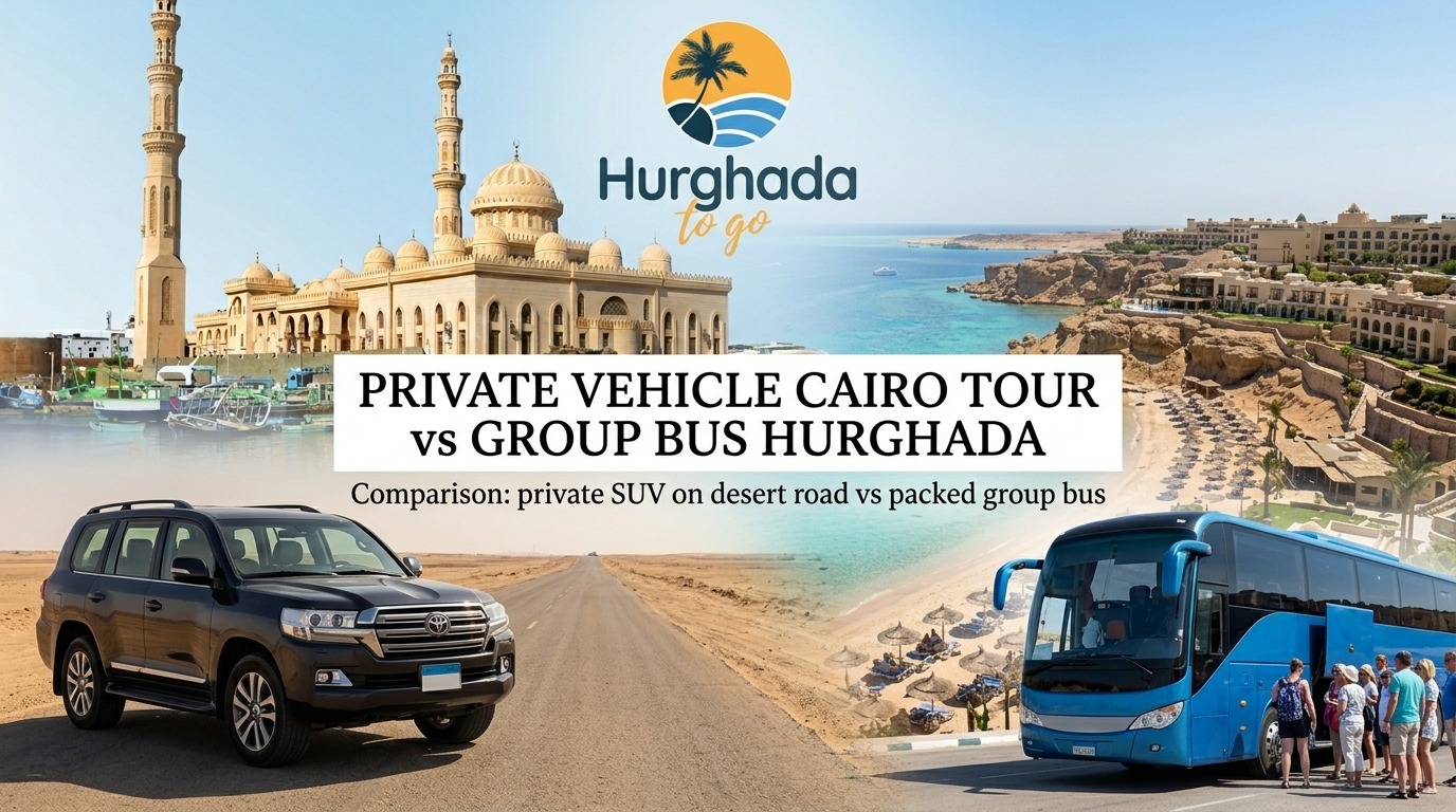 Comparison: private SUV on desert road vs packed group bus
Alt: private vehicle cairo tour vs group bus hurghada