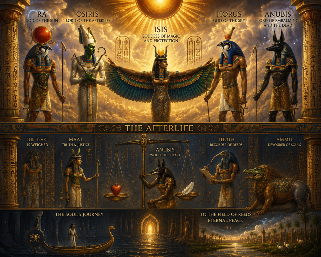 Egyptian Gods and the Afterlife &mdash; Hall of Two Truths with Anubis, Thoth, Osiris and Ma'at's feather