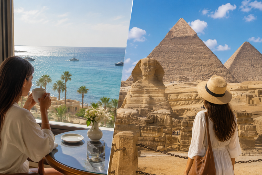 Hurghada Day Trip to Cairo by Plane with Transfers sipping coffee as the Red Sea sparkles outside your window — and by lunchtime, you are standing in awe before the majestic Pyramids of Giza