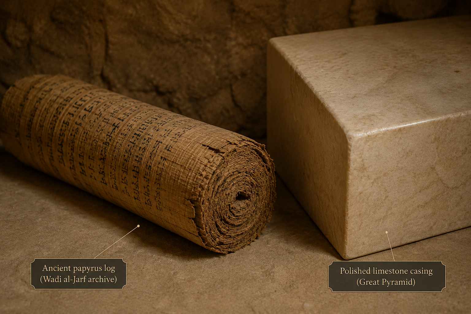 Ancient papyrus log beside polished limestone casing