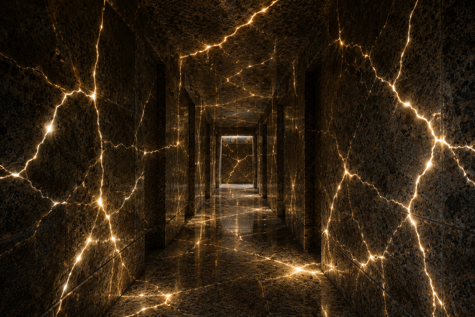 Polished granite passage glowing with quartz veins