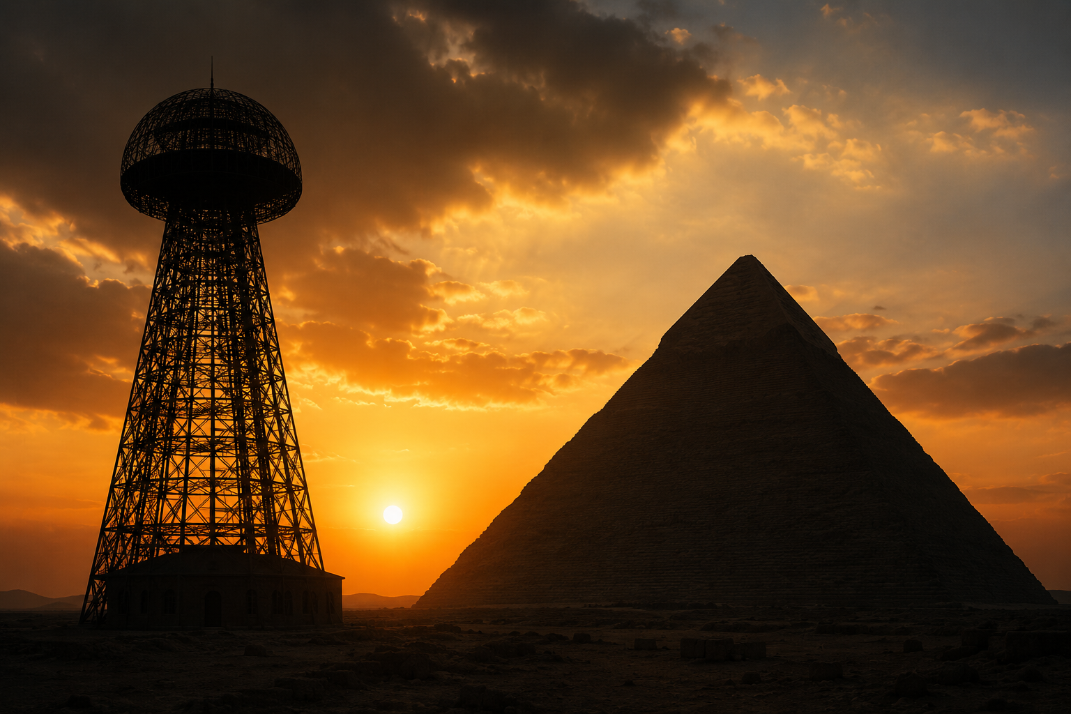 Wardenclyffe Tower silhouetted beside the Great Pyramid